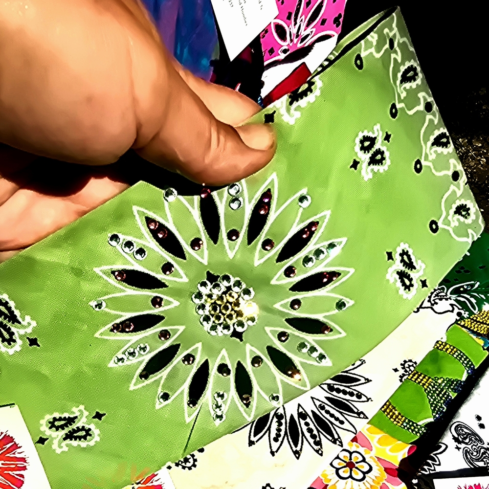 Green Floral BLING BANDANA with Rhinestone Accents